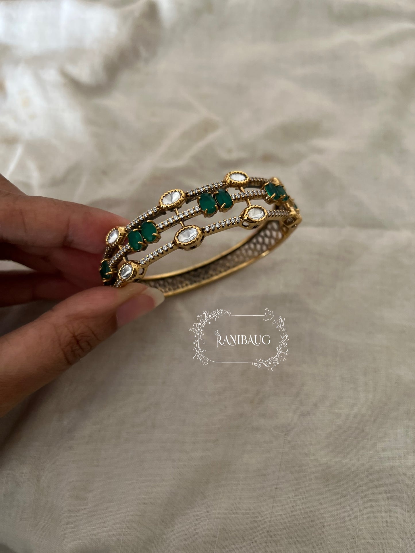 Rishika Polki Victorian Gold Finish Emerald Stone Bracelet By Ranibaug