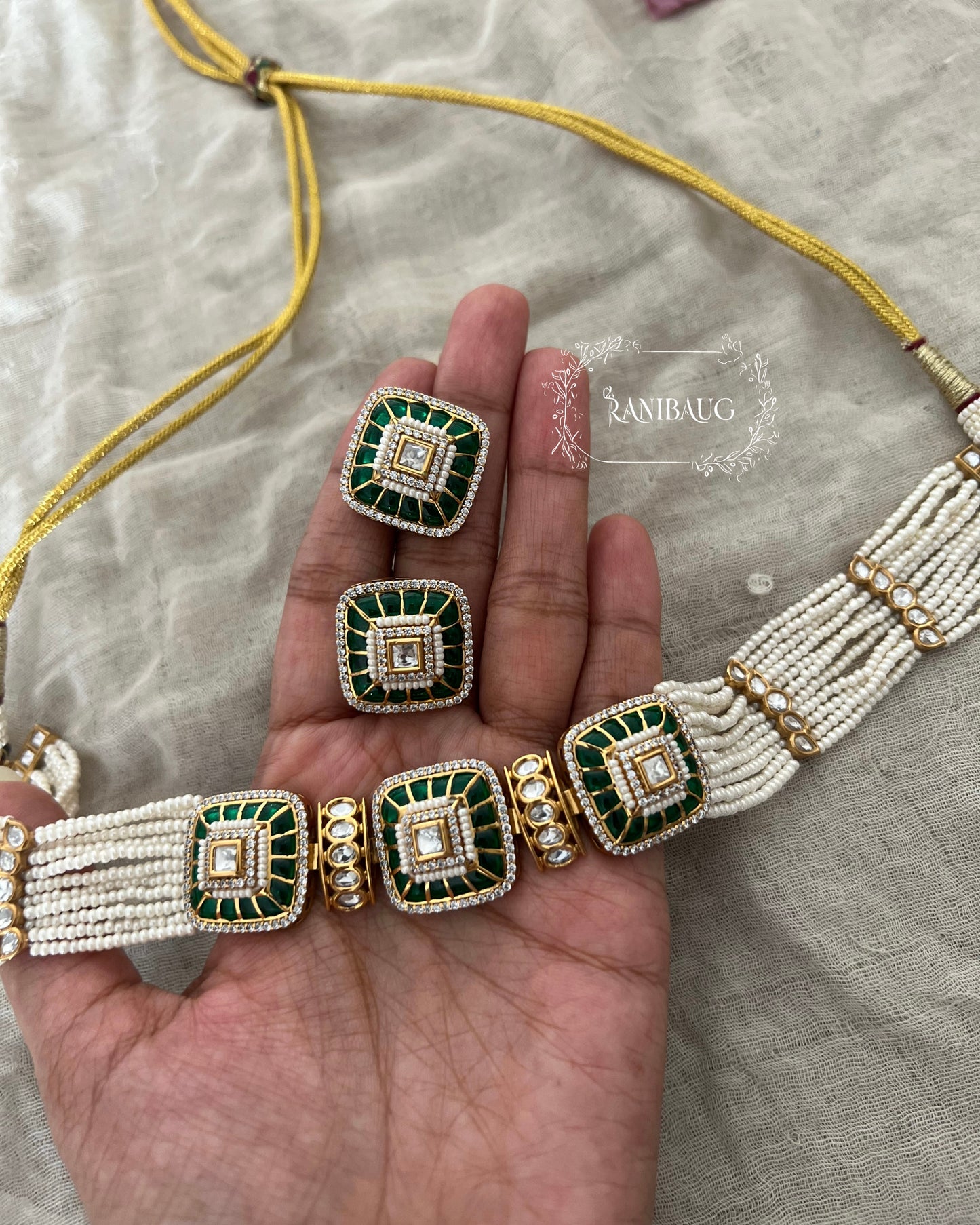 Rishvi Pearl Kundan Polki Gold Finish Royal Statement Choker Set By Ranibaug