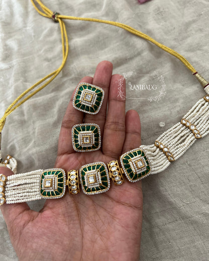 Rishvi Pearl Kundan Polki Gold Finish Royal Statement Choker Set By Ranibaug