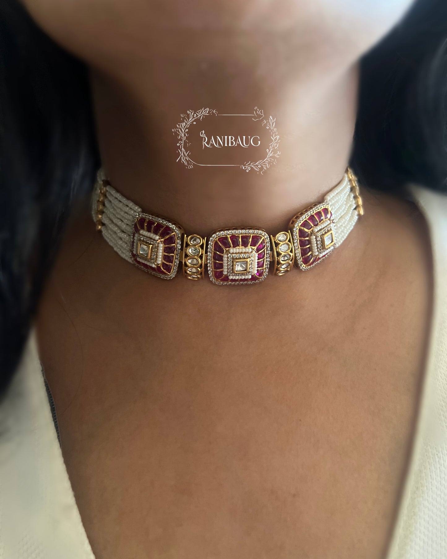 Rishvi Pearl Kundan Polki Gold Finish Royal Statement Choker Set By Ranibaug