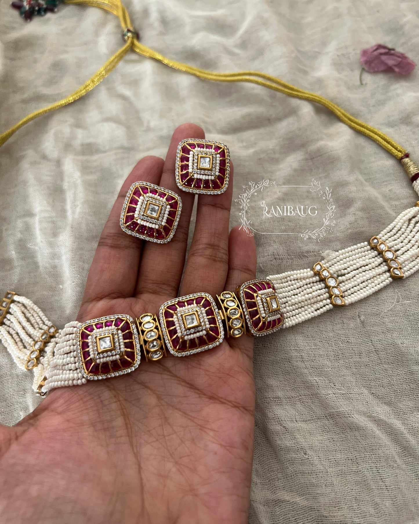 Rishvi Pearl Kundan Polki Gold Finish Royal Statement Choker Set By Ranibaug
