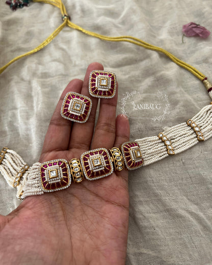 Rishvi Pearl Kundan Polki Gold Finish Royal Statement Choker Set By Ranibaug