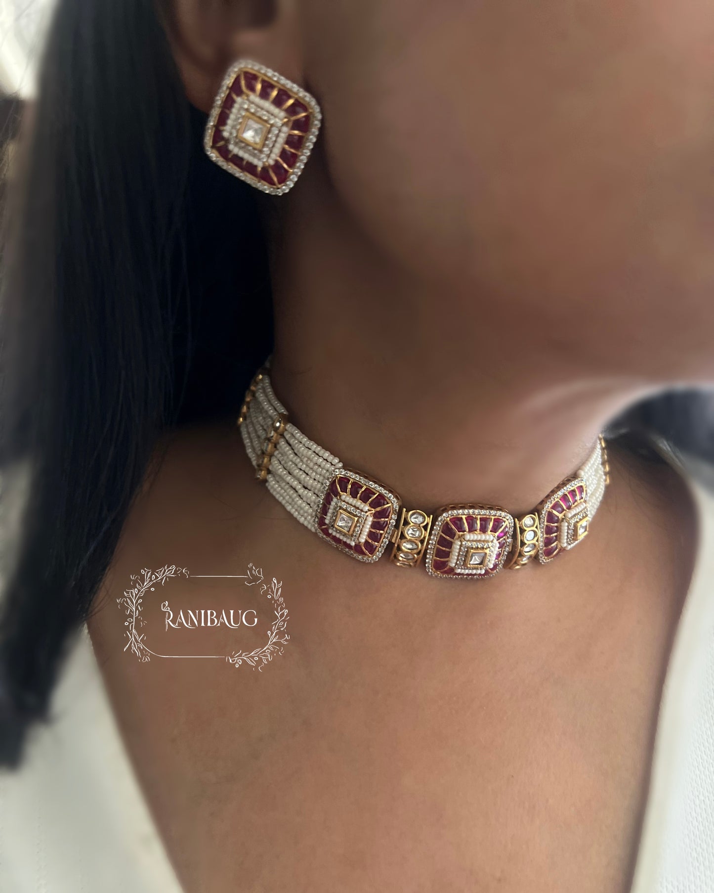 Rishvi Pearl Kundan Polki Gold Finish Royal Statement Choker Set By Ranibaug