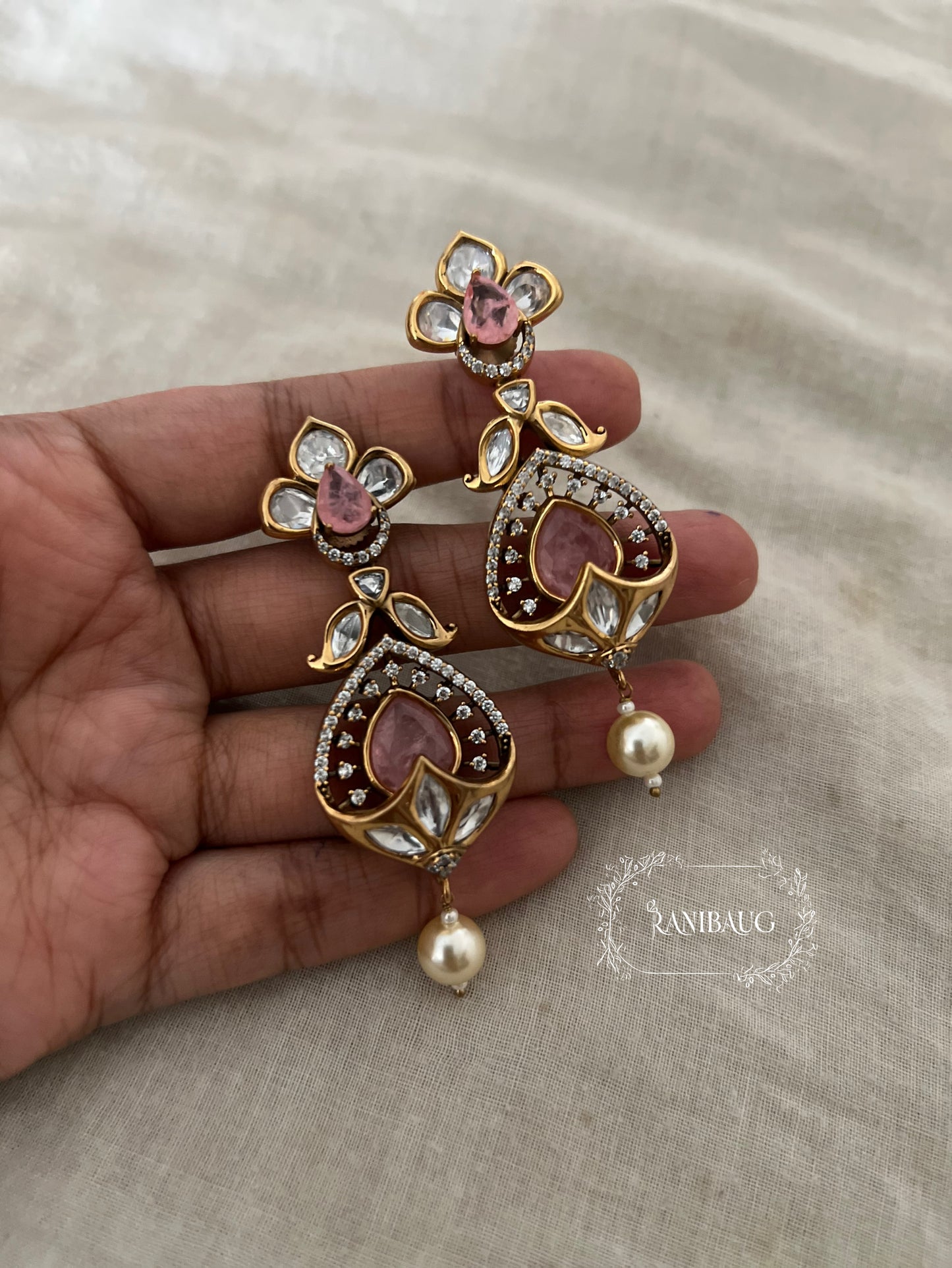 Rishya Regal Pearl Drop Gold Finish Kundan Earrings By Ranibaug