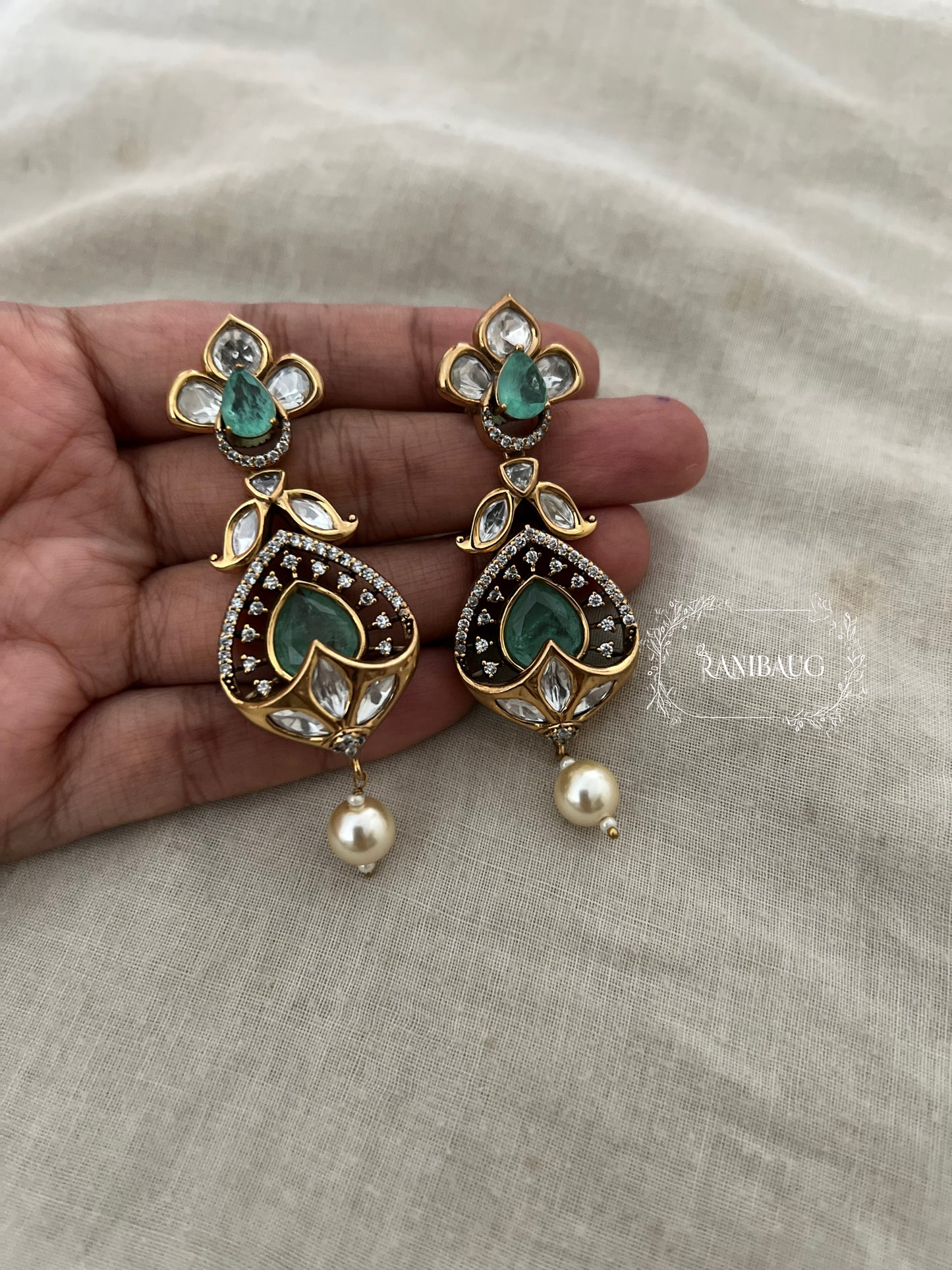 Rishya Regal Pearl Drop Gold Finish Kundan Earrings By Ranibaug