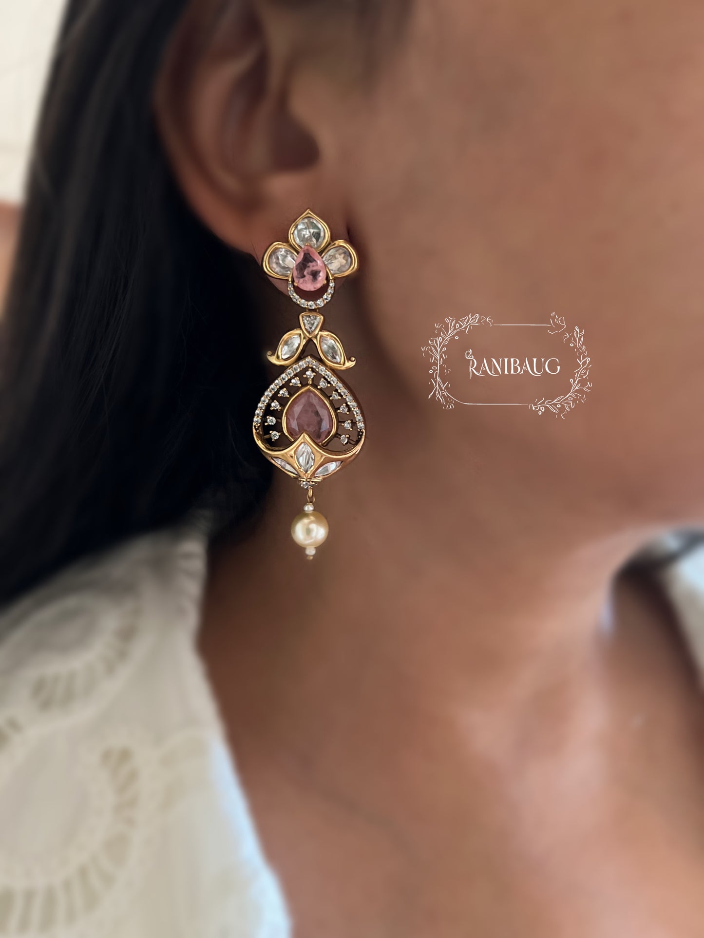 Rishya Regal Pearl Drop Gold Finish Kundan Earrings By Ranibaug