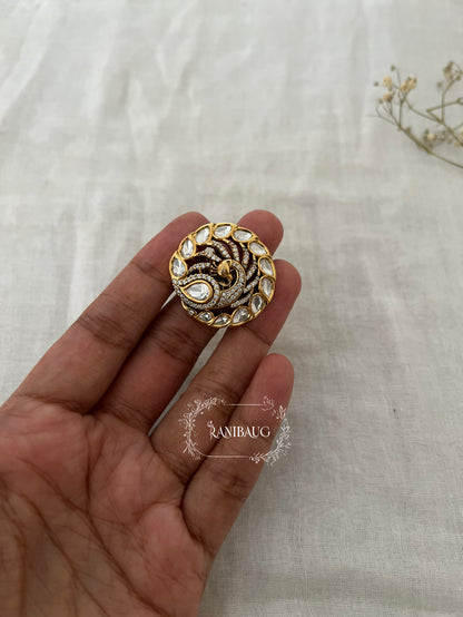 Ritika Peacock Motif Round Shape Polki Gold Finish Designer Ring By Ranibaug
