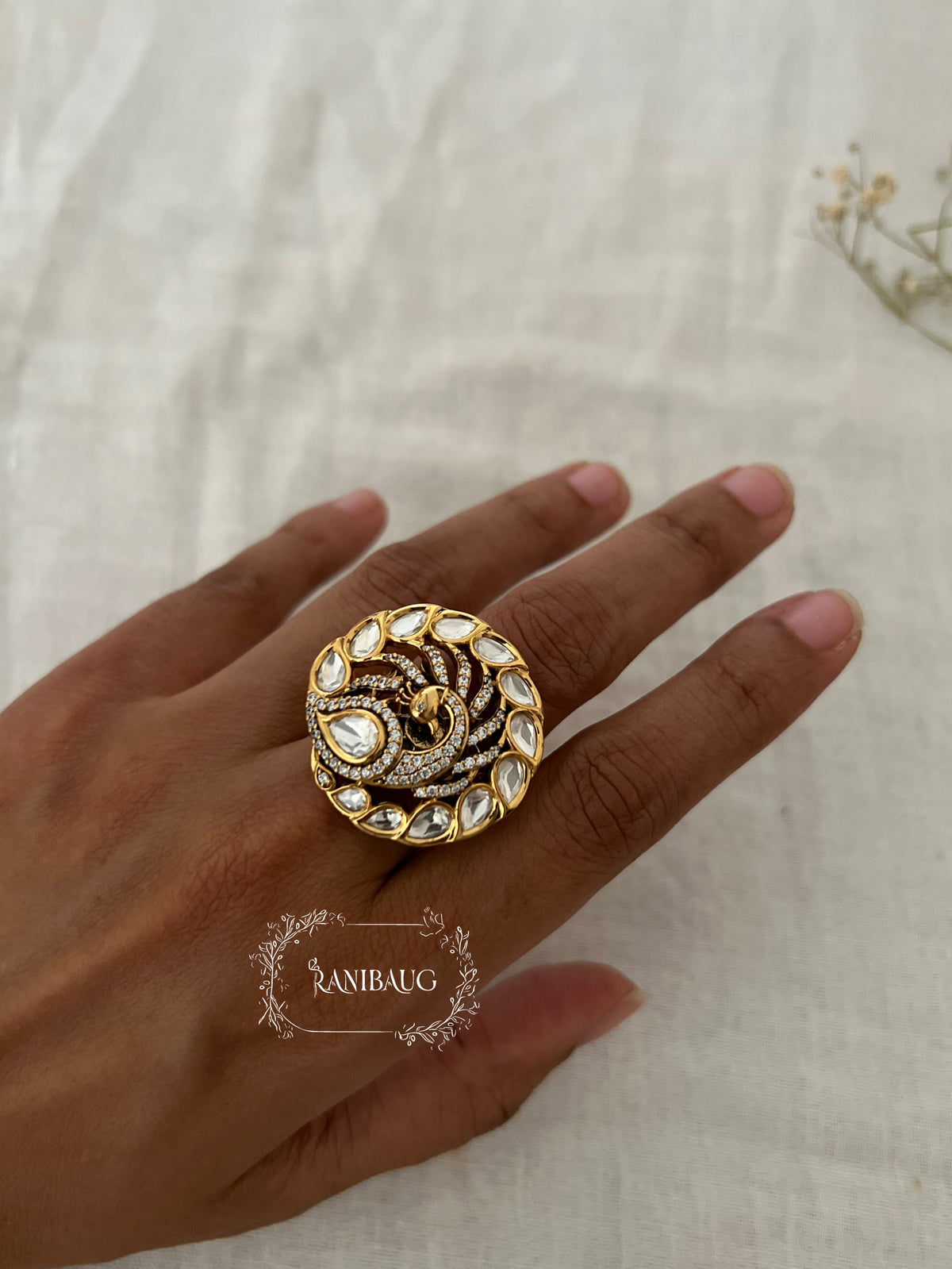 Ritika Peacock Motif Round Shape Polki Gold Finish Designer Ring By Ranibaug
