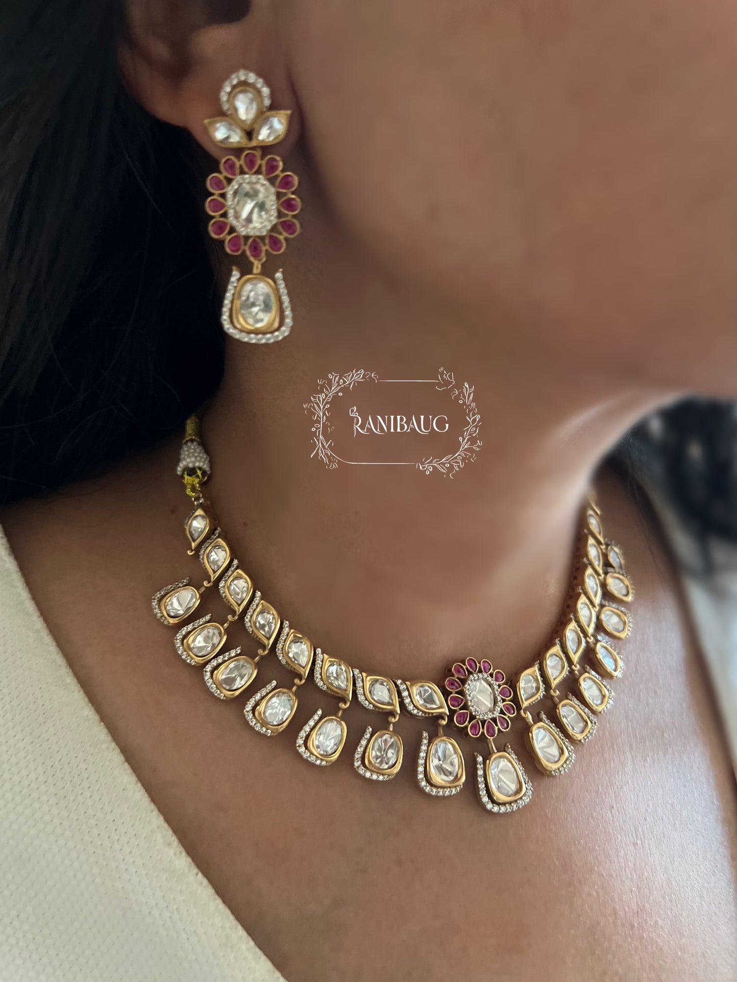 Ritisha Floral Motif Mossainite Polki Studded Lavish Gold Finish Choker Jewellery Set By Ranibaug