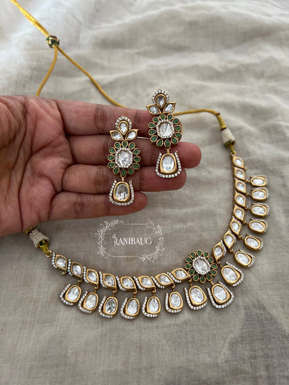 Ritisha Floral Motif Mossainite Polki Studded Lavish Gold Finish Choker Jewellery Set By Ranibaug