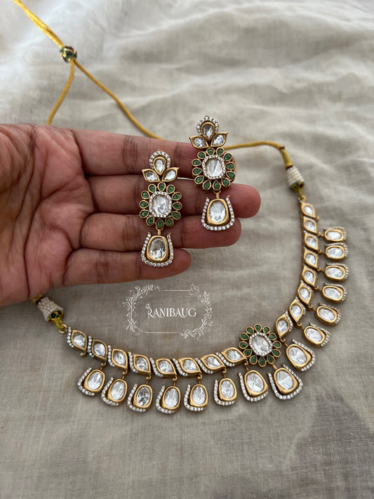 Ritisha Floral Motif Mossainite Polki Studded Lavish Gold Finish Choker Jewellery Set By Ranibaug
