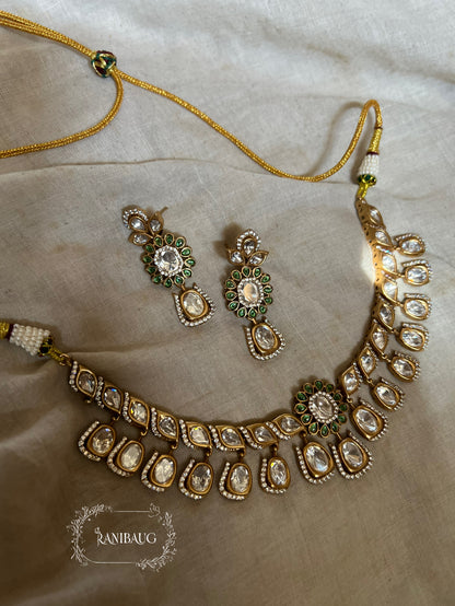 Ritisha Floral Motif Mossainite Polki Studded Lavish Gold Finish Choker Jewellery Set By Ranibaug