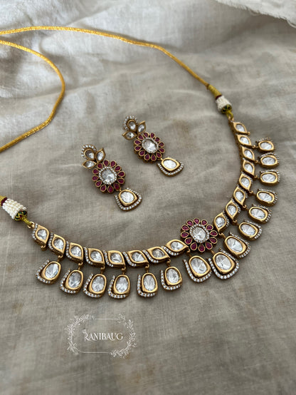 Ritisha Floral Motif Mossainite Polki Studded Lavish Gold Finish Choker Jewellery Set By Ranibaug