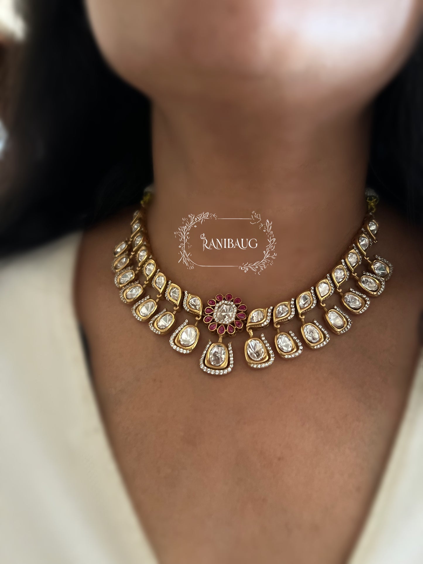 Ritisha Floral Motif Mossainite Polki Studded Lavish Gold Finish Choker Jewellery Set By Ranibaug