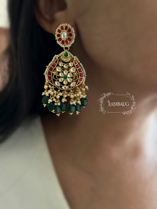 Ritisha Ruby Emerald Gold Tone Polki Meenakari Inspired Festive Chandbali By Ranibaug