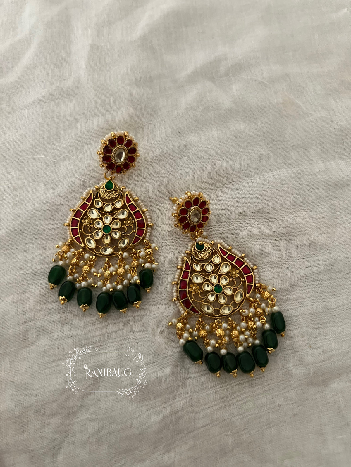 Ritisha Ruby Emerald Gold Tone Polki Meenakari Inspired Festive Chandbali By Ranibaug