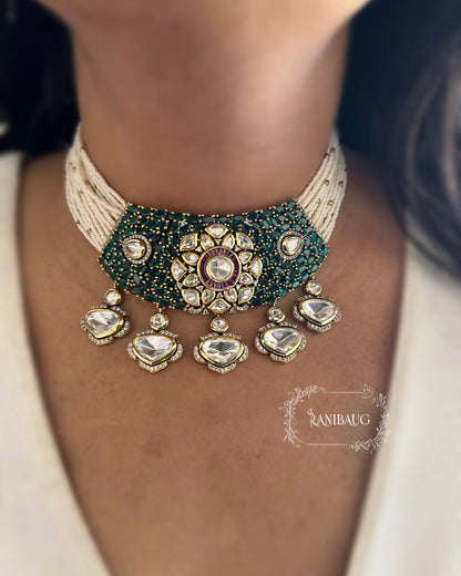 Riva Emerald Stone Polki Floral Motif Kundan Drop Gold Plated Pearl Strand Choker Necklace Set By Ranibaug