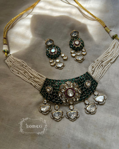 Riva Emerald Stone Polki Floral Motif Kundan Drop Gold Plated Pearl Strand Choker Necklace Set By Ranibaug