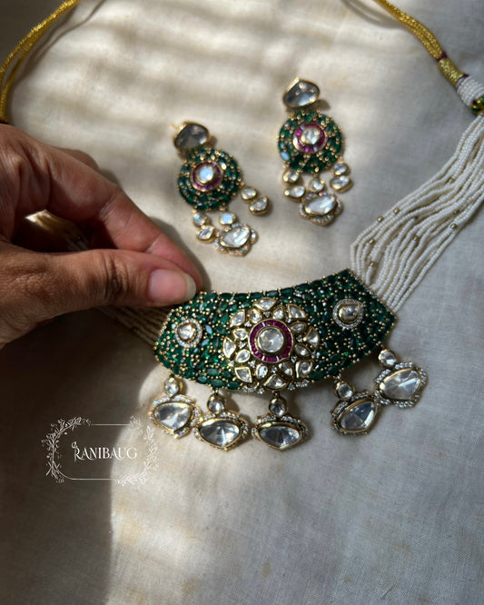 Riva Emerald Stone Polki Floral Motif Kundan Drop Gold Plated Pearl Strand Choker Necklace Set By Ranibaug