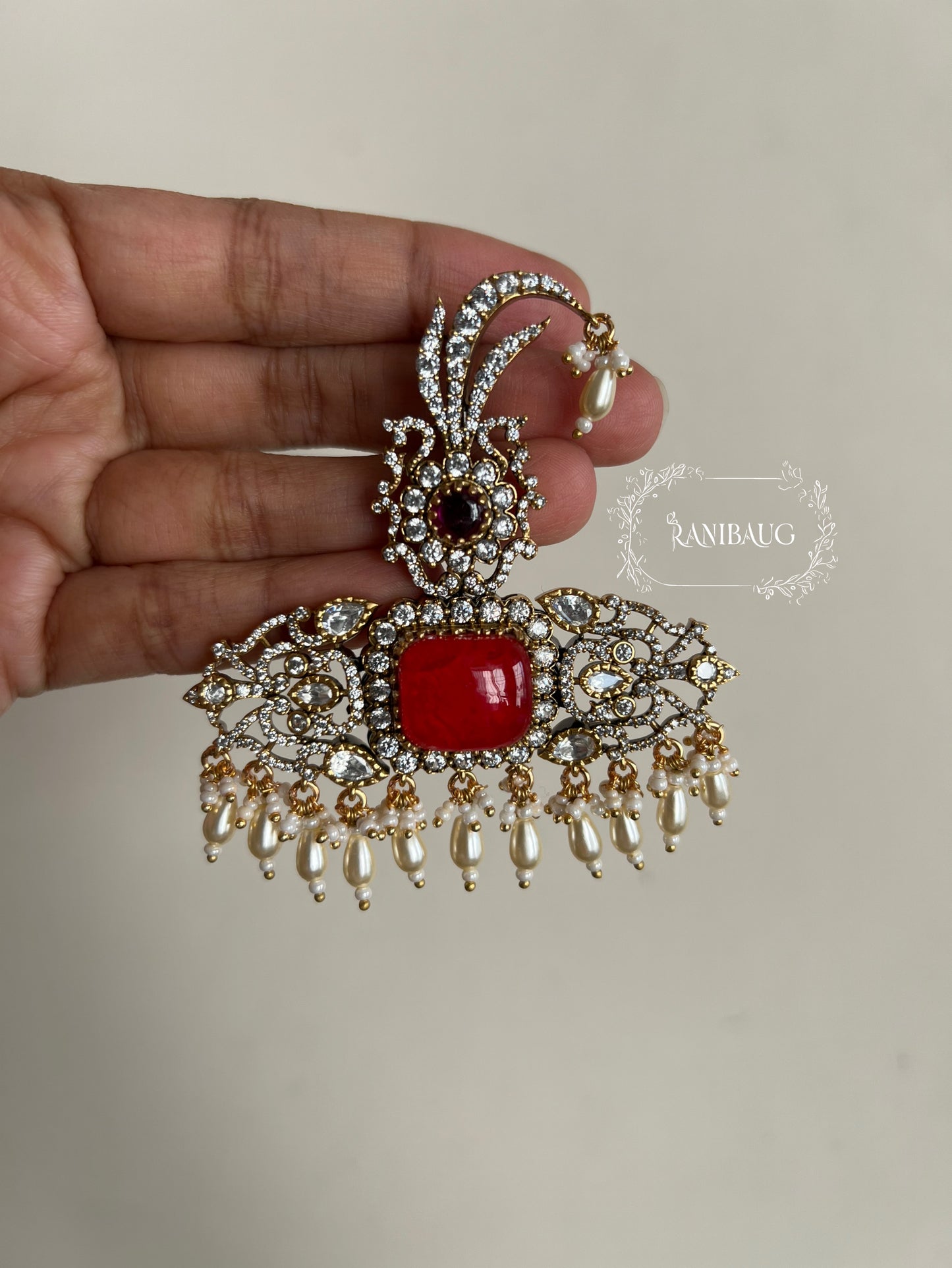 Ronak Premium Gold Finish Zirconia Studded Pearl Fringe Kalgi Jewelry For Groom By Ranibaug