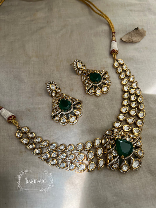 Roohi Emerald Stone Kundan Polki Gold Plated Royal Necklace Set By Ranibaug | Wedding Necklace Latest Design 2025 2026