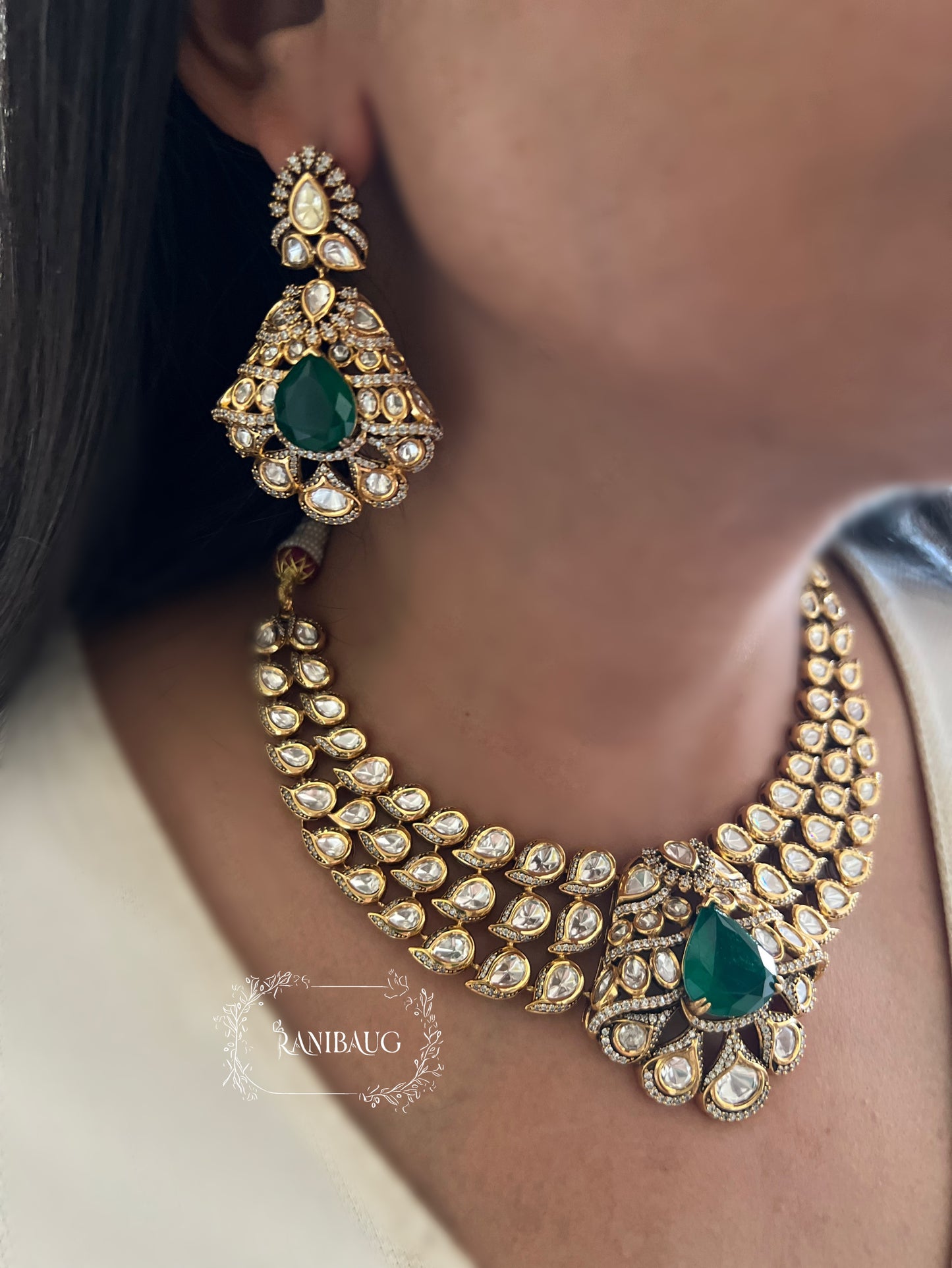 Roohi Emerald Stone Kundan Polki Gold Plated Royal Necklace Set By Ranibaug | Wedding Necklace Latest Design 2025 2026