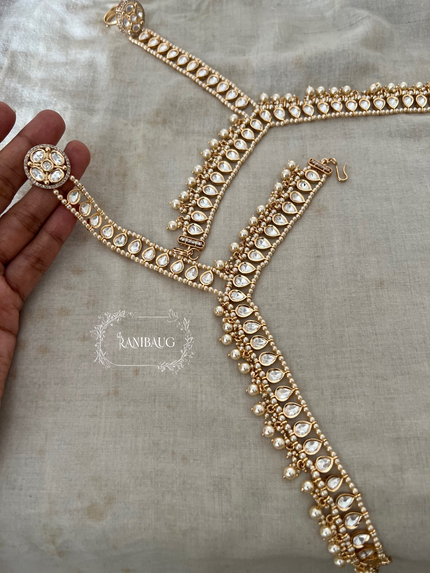 Roop Polki Studded With Pearl Fringe Traditional White And Gold Payal With Toe Ring Chain Statement Anklet By Ranibaug | Anklet For Bride 2026