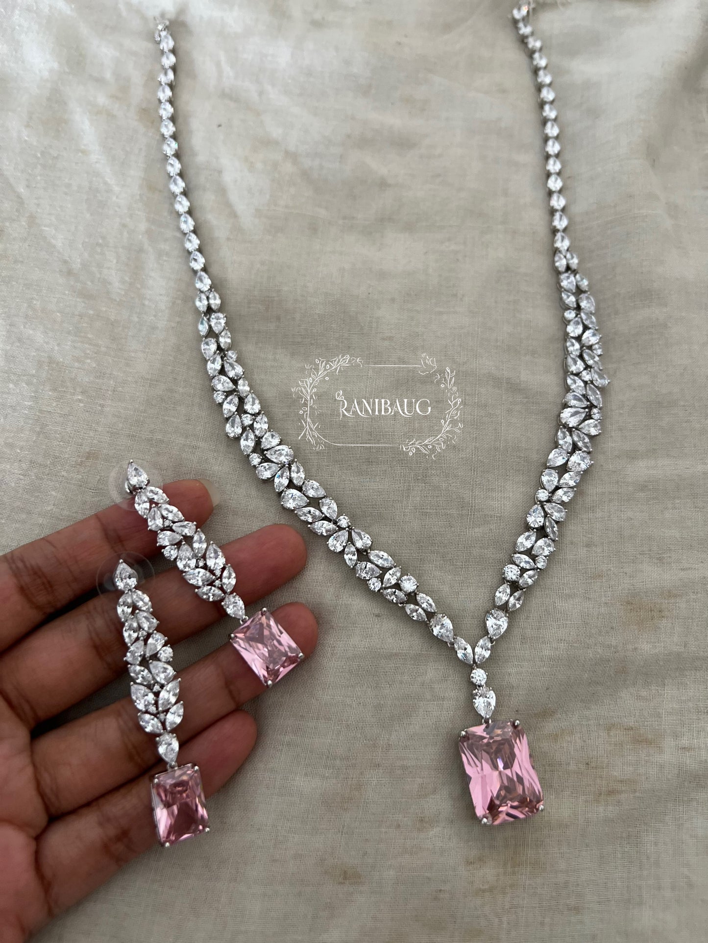 Rosélle Diamond Blush leaf Design Necklace Jewellery Set By Ranibaug