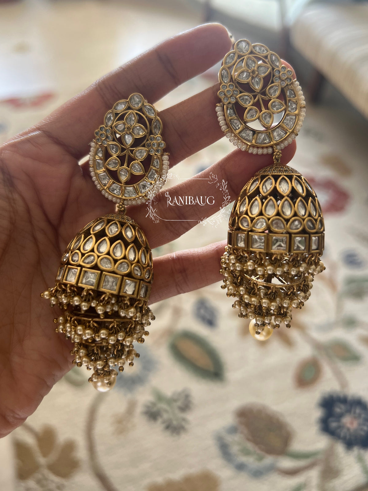 Jhumka Rhinestone Roshni Diamond Jhumka Artificial Gold Jhumka by Ranibaug