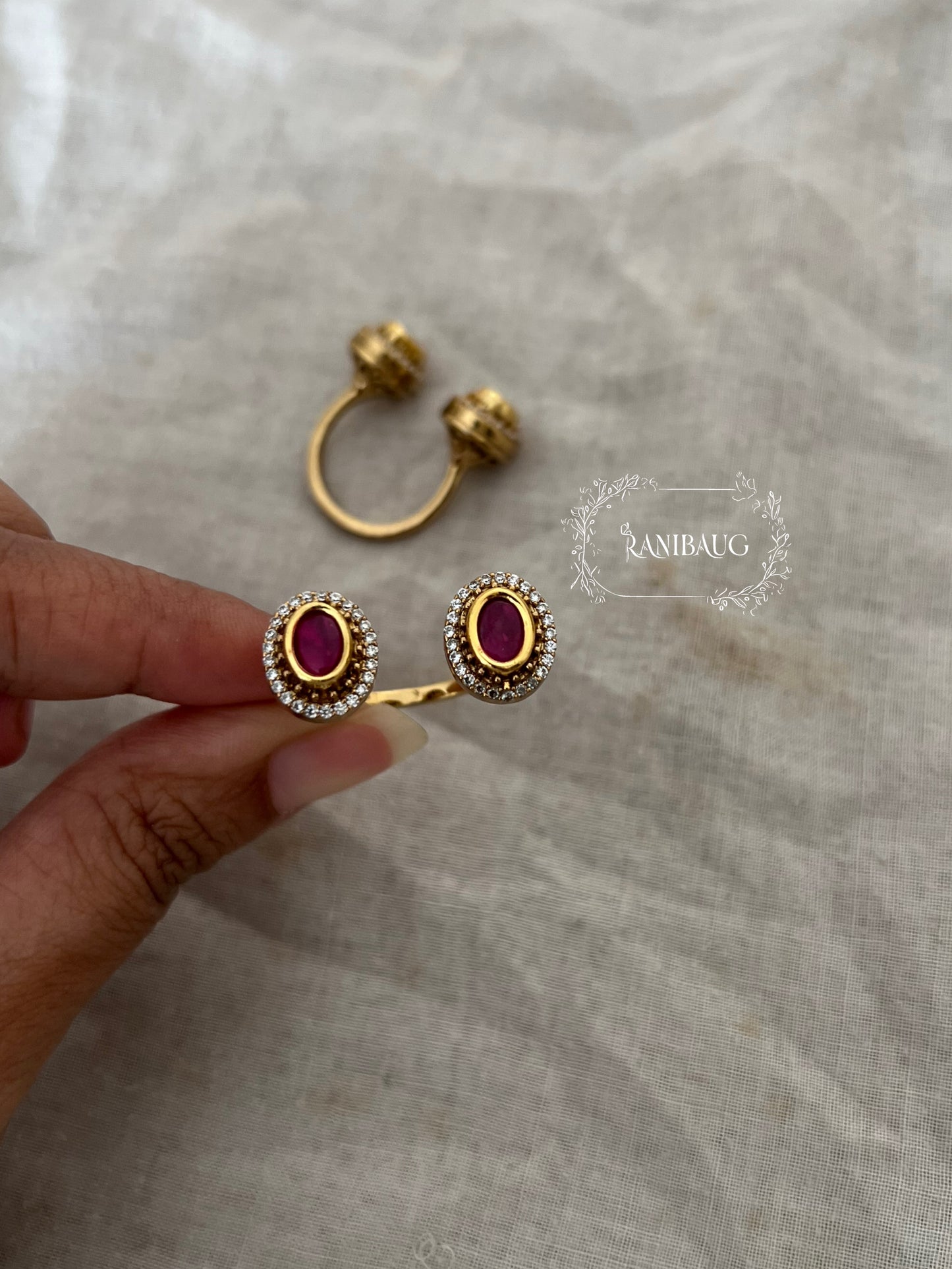 Roshni Teardrop Gold Finish Duo Finger Ring Jewellery By Raibaug