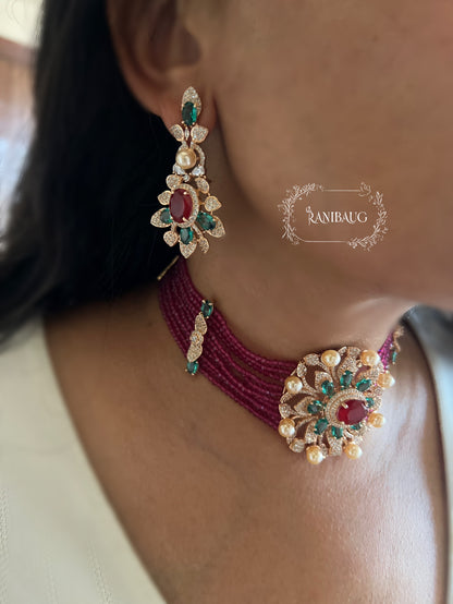 Rosie Traditional Emerald Ruby Beaded Floral Motif Diamond Choker Necklace Set By Ranibaug