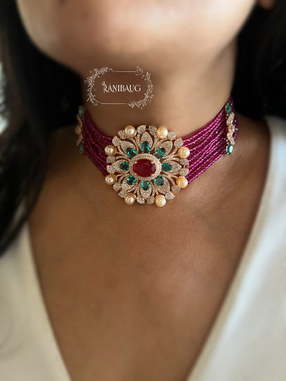 Rosie Traditional Emerald Ruby Beaded Floral Motif Diamond Choker Necklace Set By Ranibaug
