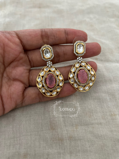 Rosy Pink Polki Gemstone Gold Finish Stud Dangle Earrings By Ranibaug