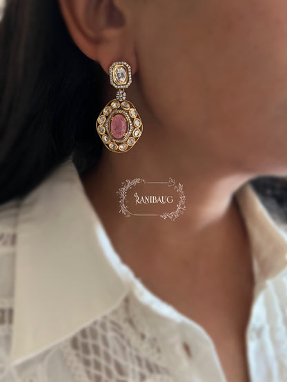 Rosy Pink Polki Gemstone Gold Finish Stud Dangle Earrings By Ranibaug