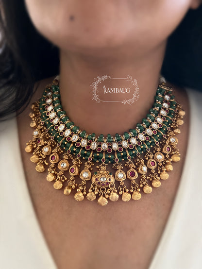 Royal Heirloom Emerald Beaded Polki Kundan Studded Matt Gold Plated Heritage Necklace Set By Ranibaug