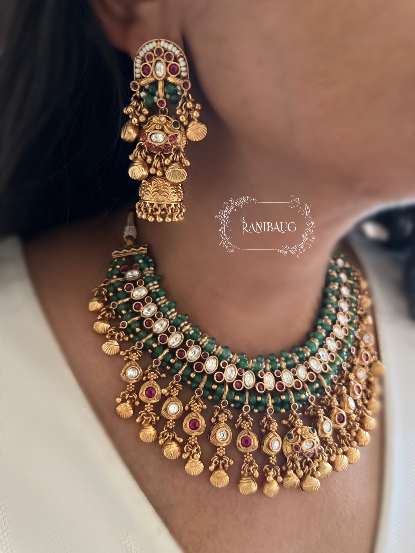 Royal Heirloom Emerald Beaded Polki Kundan Studded Matt Gold Plated Heritage Necklace Set By Ranibaug