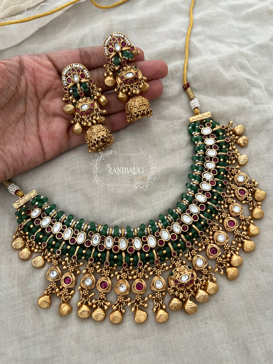 Royal Heirloom Emerald Beaded Polki Kundan Studded Matt Gold Plated Heritage Necklace Set By Ranibaug