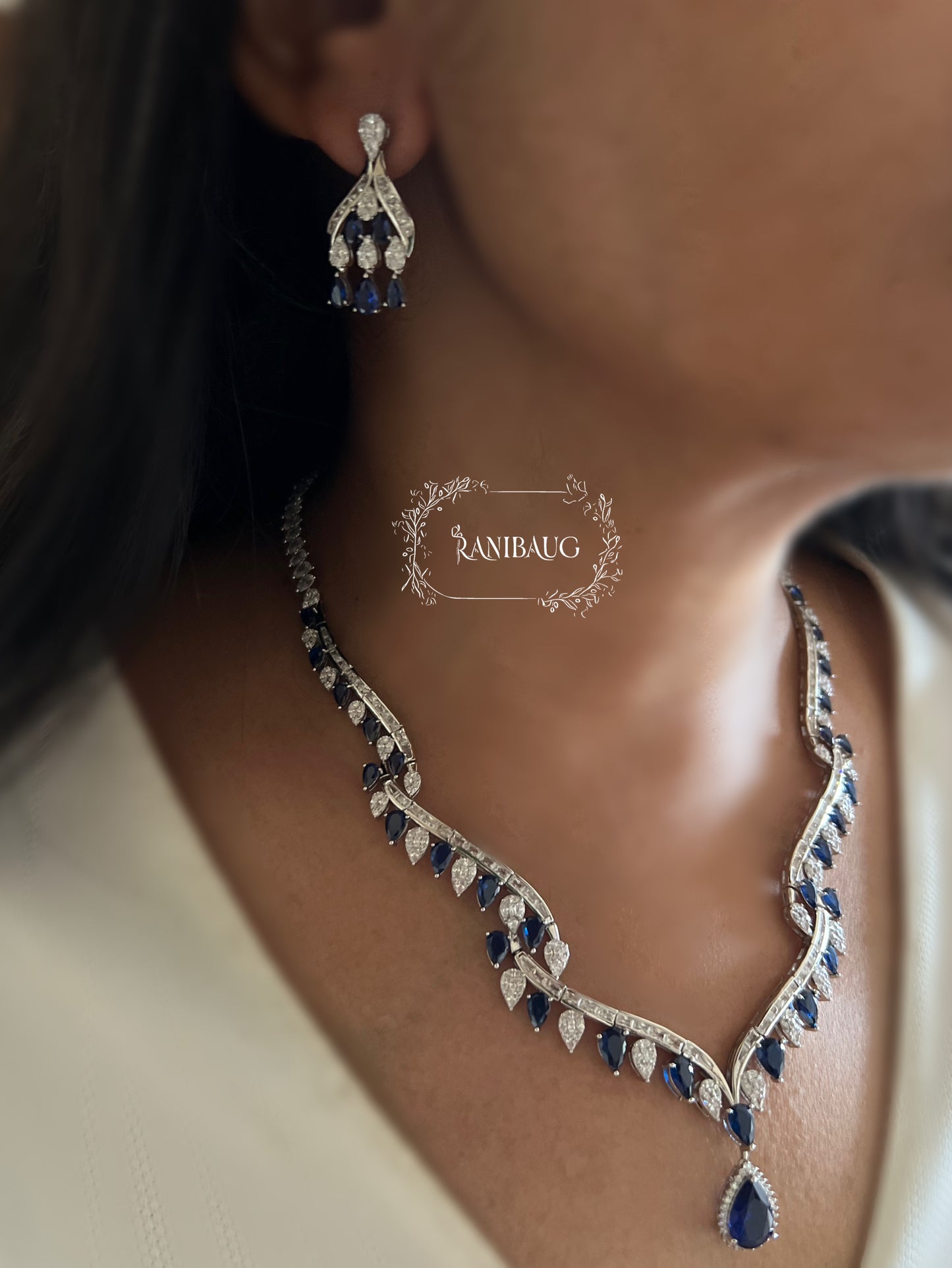 Royal Sapphire Vine Diamond Necklace Set By Ranibaug