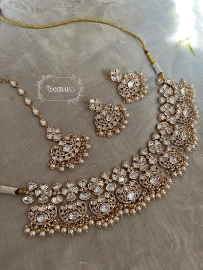 Rubi Mossainite Stone Premium Gold Finish Necklace Set With Maangtikka And Earrings By Ranibaug