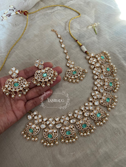 Rubi Mossainite Stone Premium Gold Finish Necklace Set With Maangtikka And Earrings By Ranibaug
