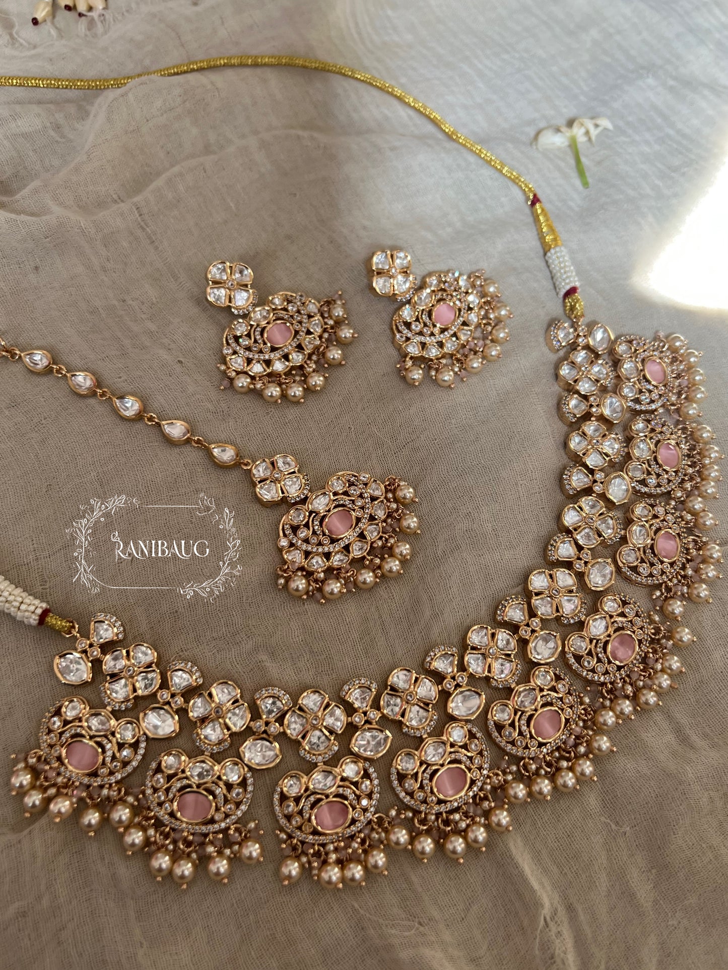 Rubi Mossainite Stone Premium Gold Finish Necklace Set With Maangtikka And Earrings By Ranibaug