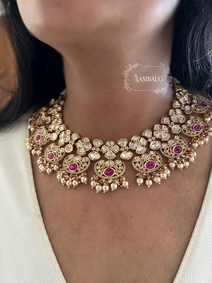 Rubi Mossainite Stone Premium Gold Finish Necklace Set With Maangtikka And Earrings By Ranibaug