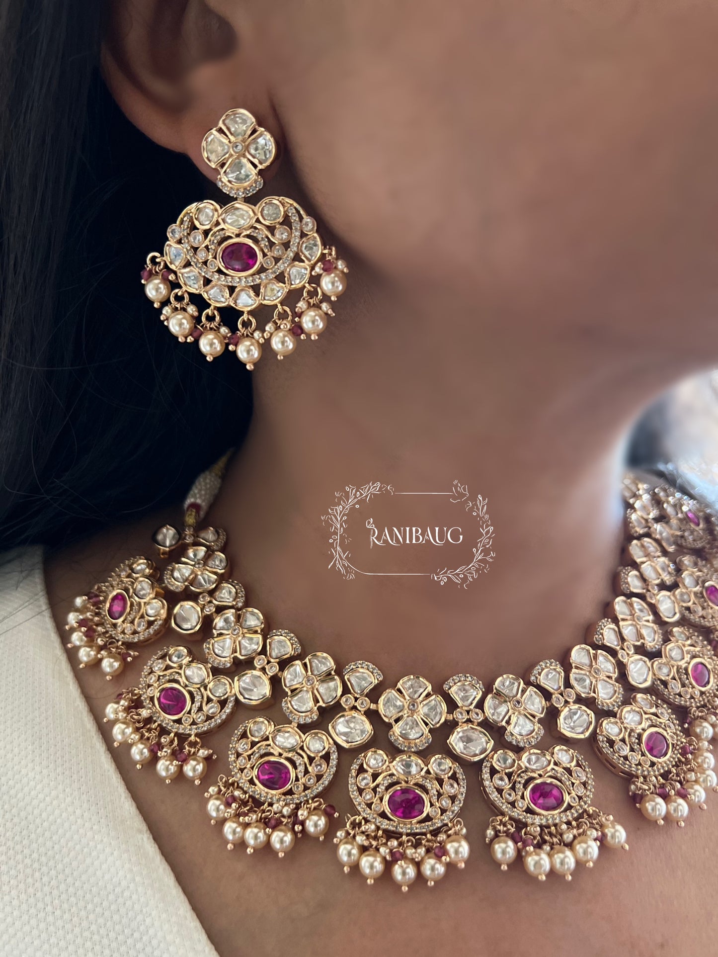 Rubi Mossainite Stone Premium Gold Finish Necklace Set With Maangtikka And Earrings By Ranibaug