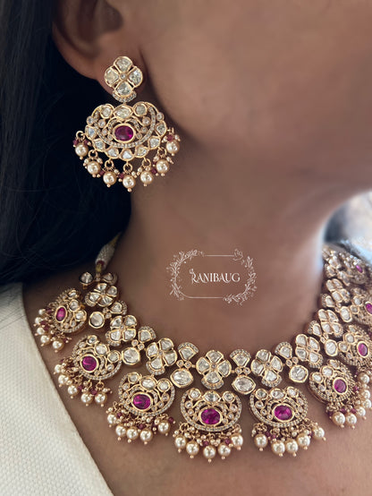 Rubi Mossainite Stone Premium Gold Finish Necklace Set With Maangtikka And Earrings By Ranibaug