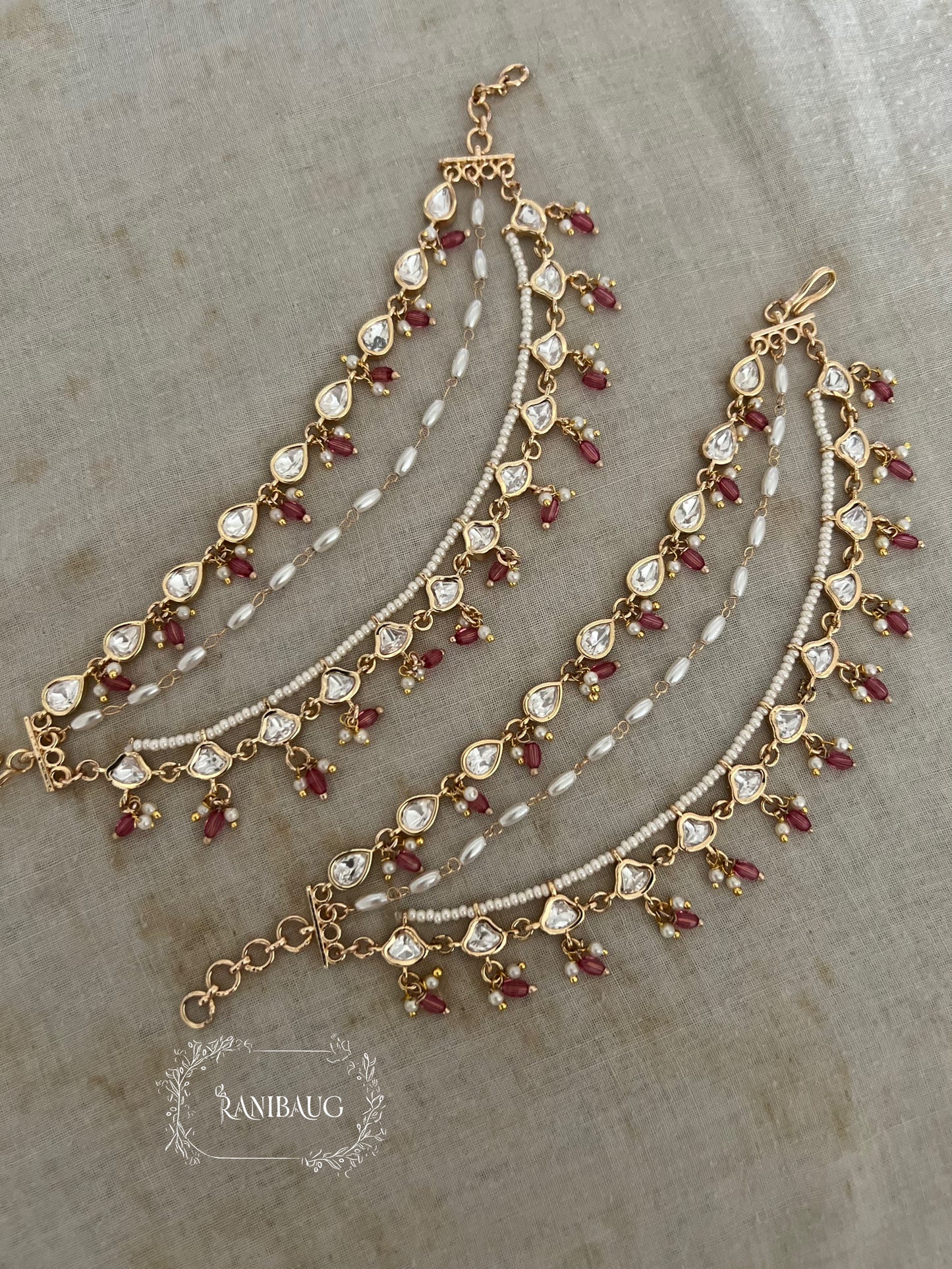 Rubina Gold Finish Polki Kundan Motifs Colored Bead Adorned Ear Chain Jewelry By Ranibaug