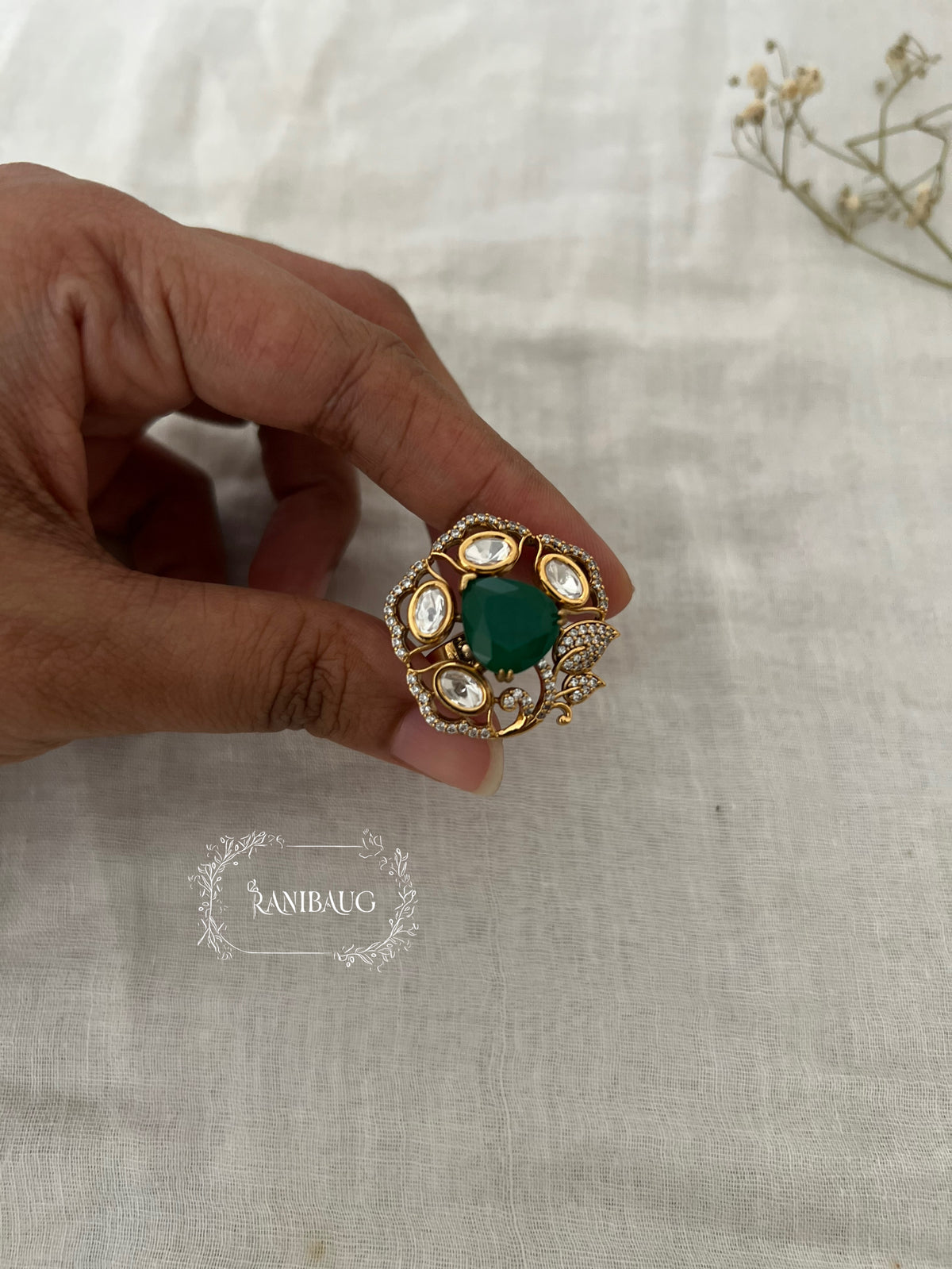 Rudra Polki Kundan Floral Motif Gold Finish Statement Ring By Ranibaug