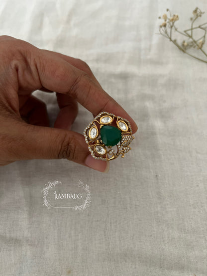Rudra Polki Kundan Floral Motif Gold Finish Statement Ring By Ranibaug