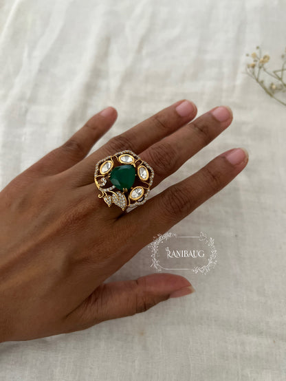 Rudra Polki Kundan Floral Motif Gold Finish Statement Ring By Ranibaug