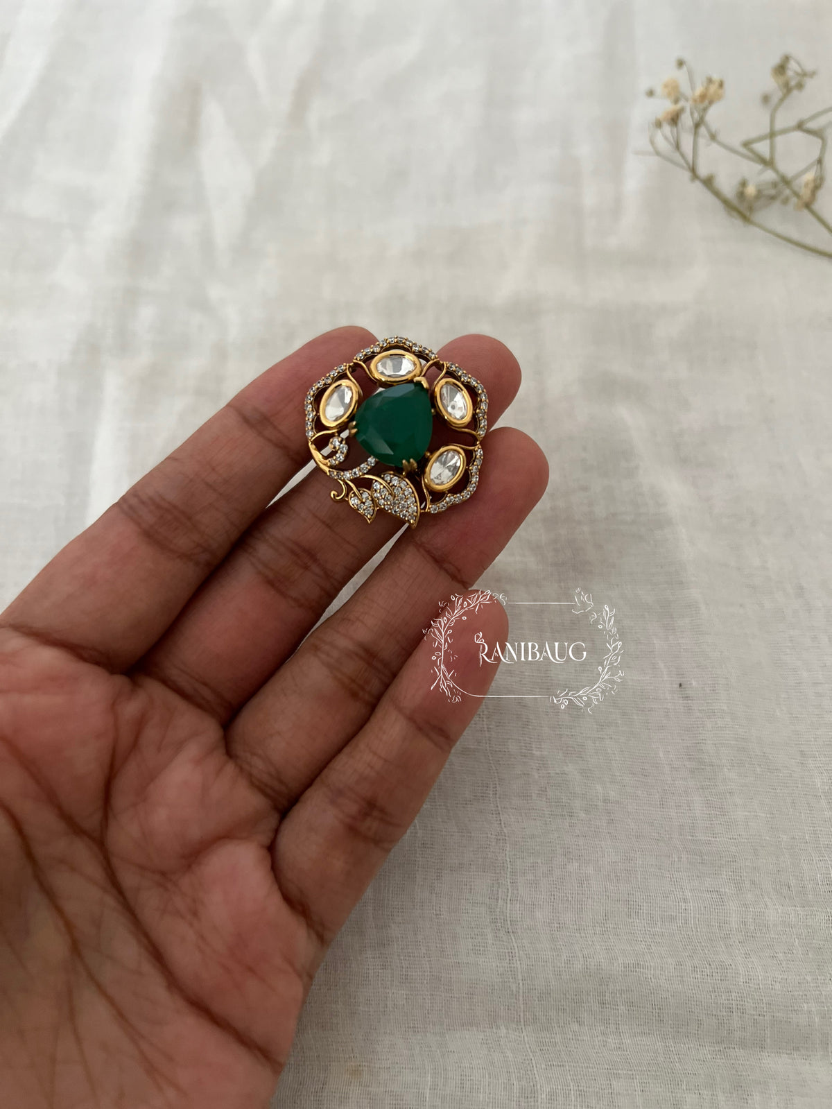 Rudra Polki Kundan Floral Motif Gold Finish Statement Ring By Ranibaug