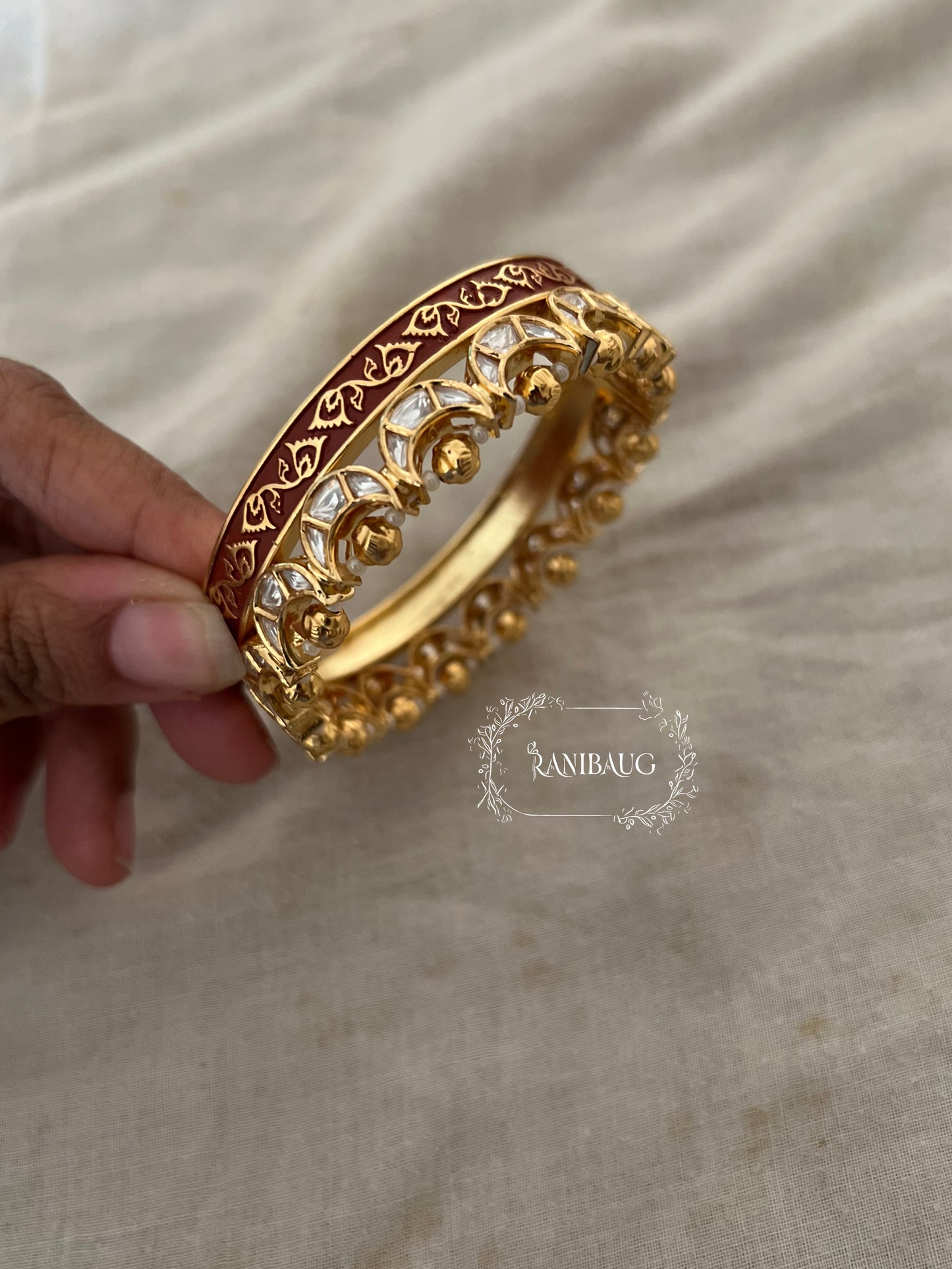 Ruhani Meenakari Rich Gold Floral Vines Kundan Bangle Jewelry By Ranibaug